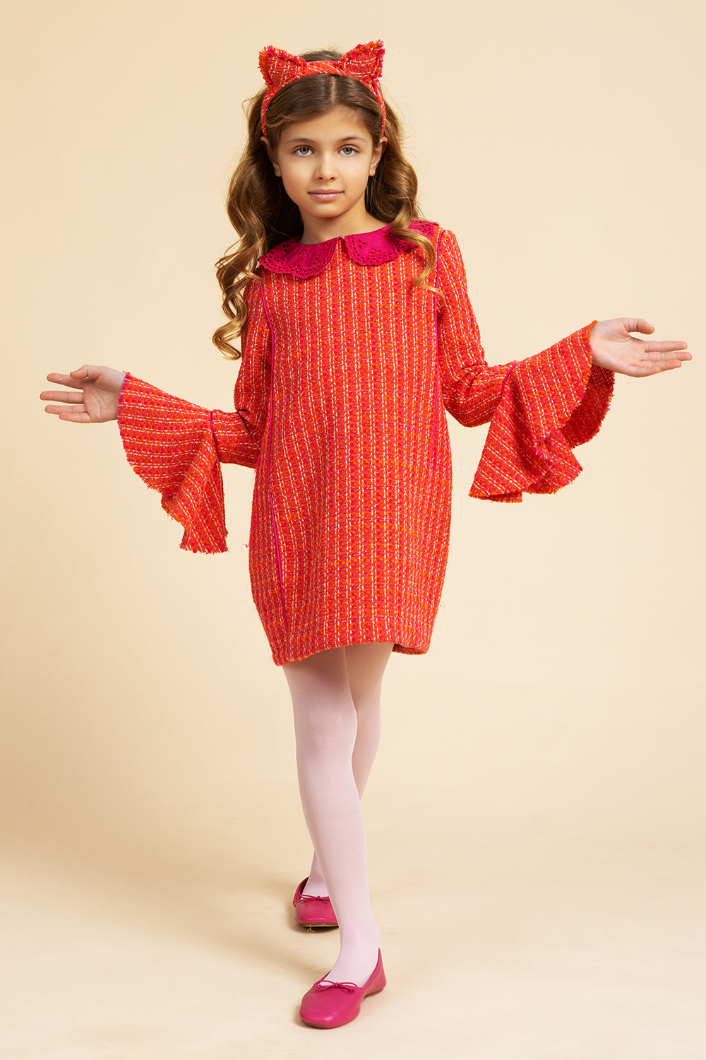 Tweed cotton dress in orange and fucshisa with fuchsia emroidered collar and pretty sleeves