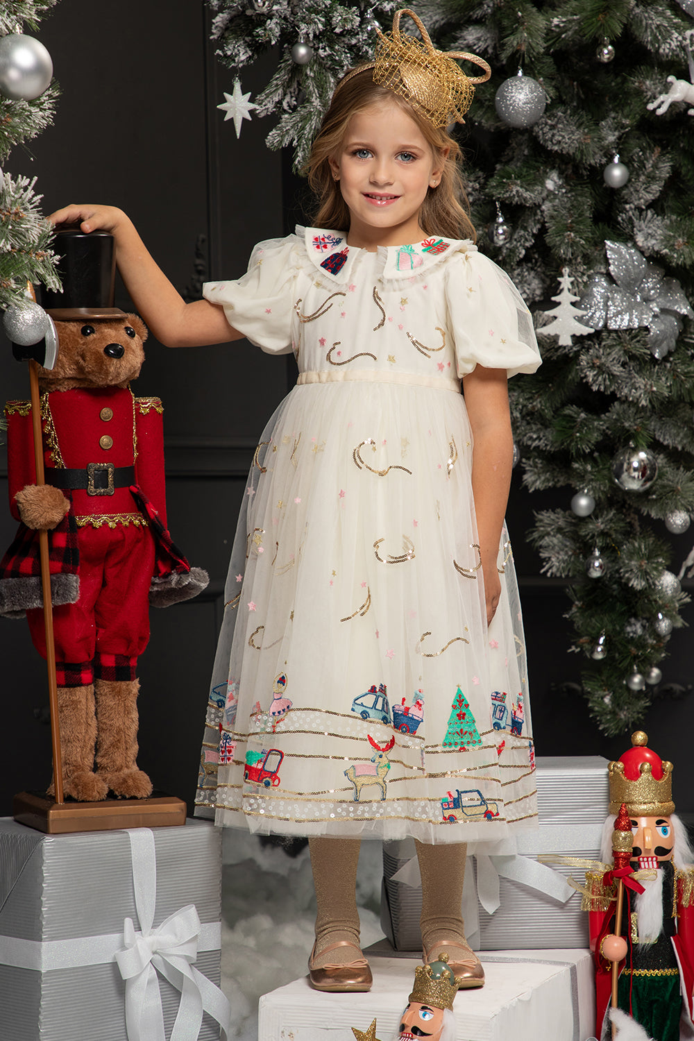 White Christmas tulle dress with sequins and lurex embroidery