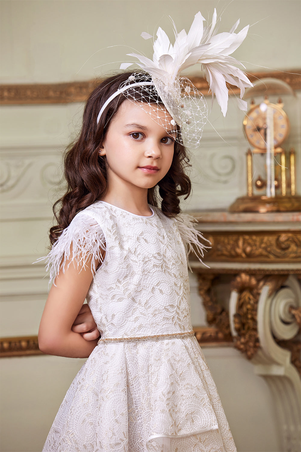 White and gold asymmetrical lace dress with white feathers and beads waist decoration