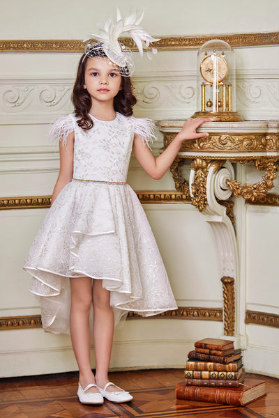 White and gold asymmetrical lace dress with white feathers and beads waist decoration
