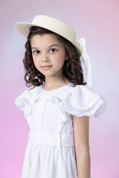 White embroidered cotton/broderie anglaise dress with frilled sleeves and bow belt