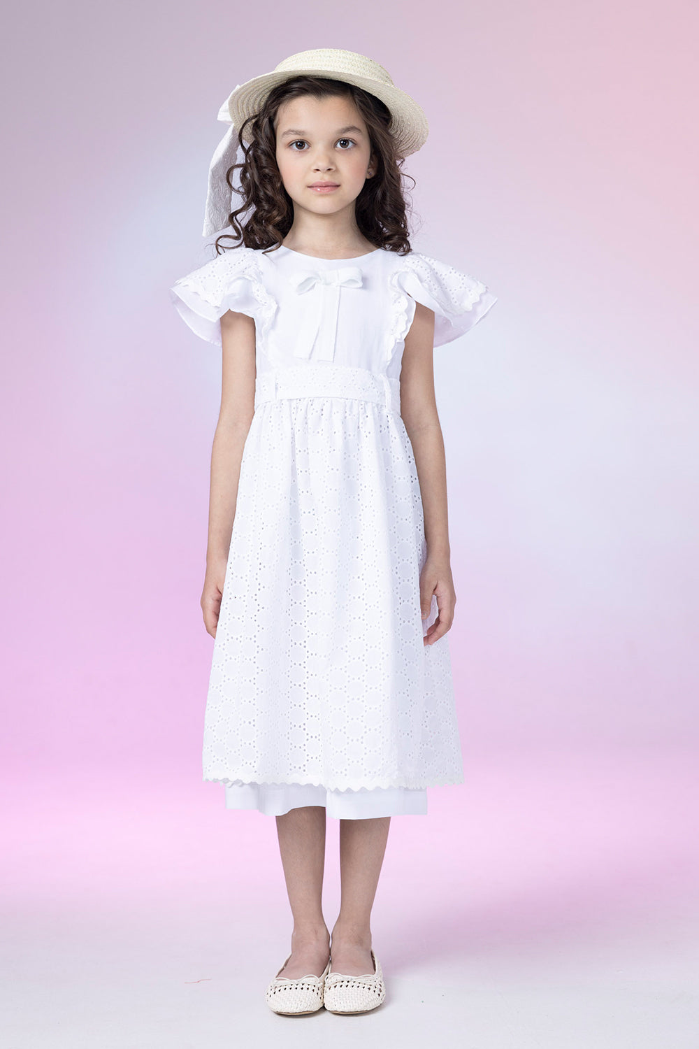 White embroidered cotton/broderie anglaise dress with frilled sleeves and bow belt