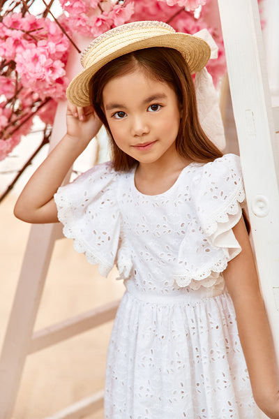 White embroidered cotton/ broderie anglaise dress with frills/sleeves