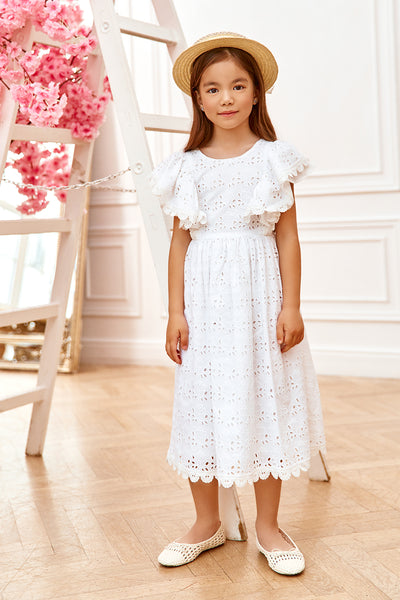 White embroidered cotton/ broderie anglaise dress with frills/sleeves