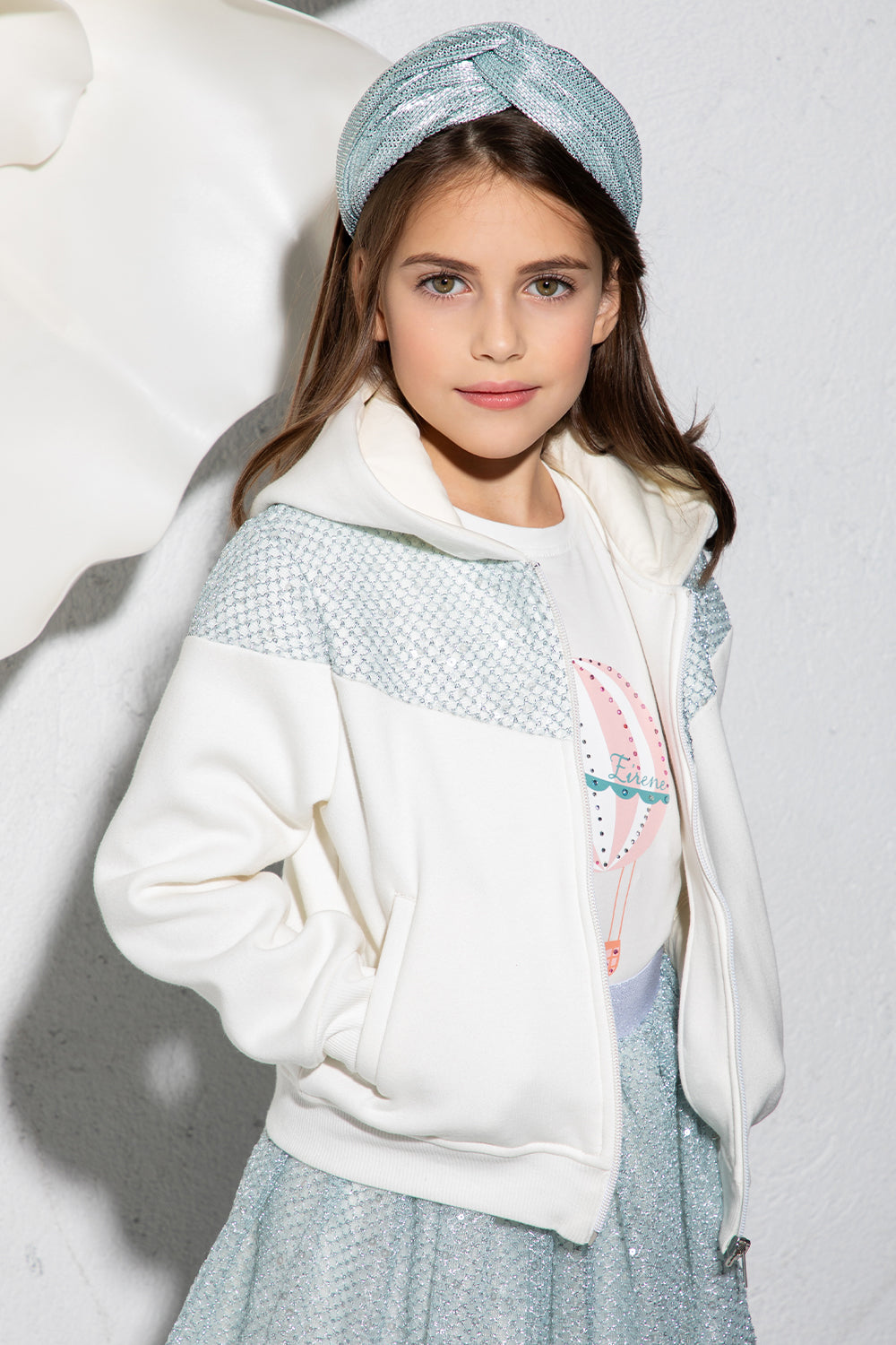 White hoody with mint lace details