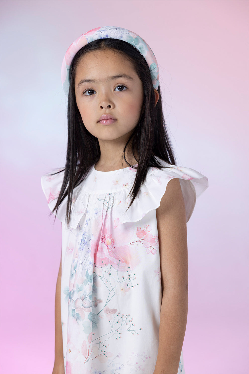 White satin cotton floral A-line dress with frills