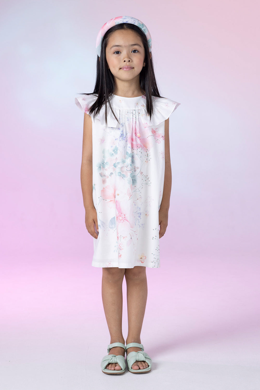 White satin cotton floral A-line dress with frills