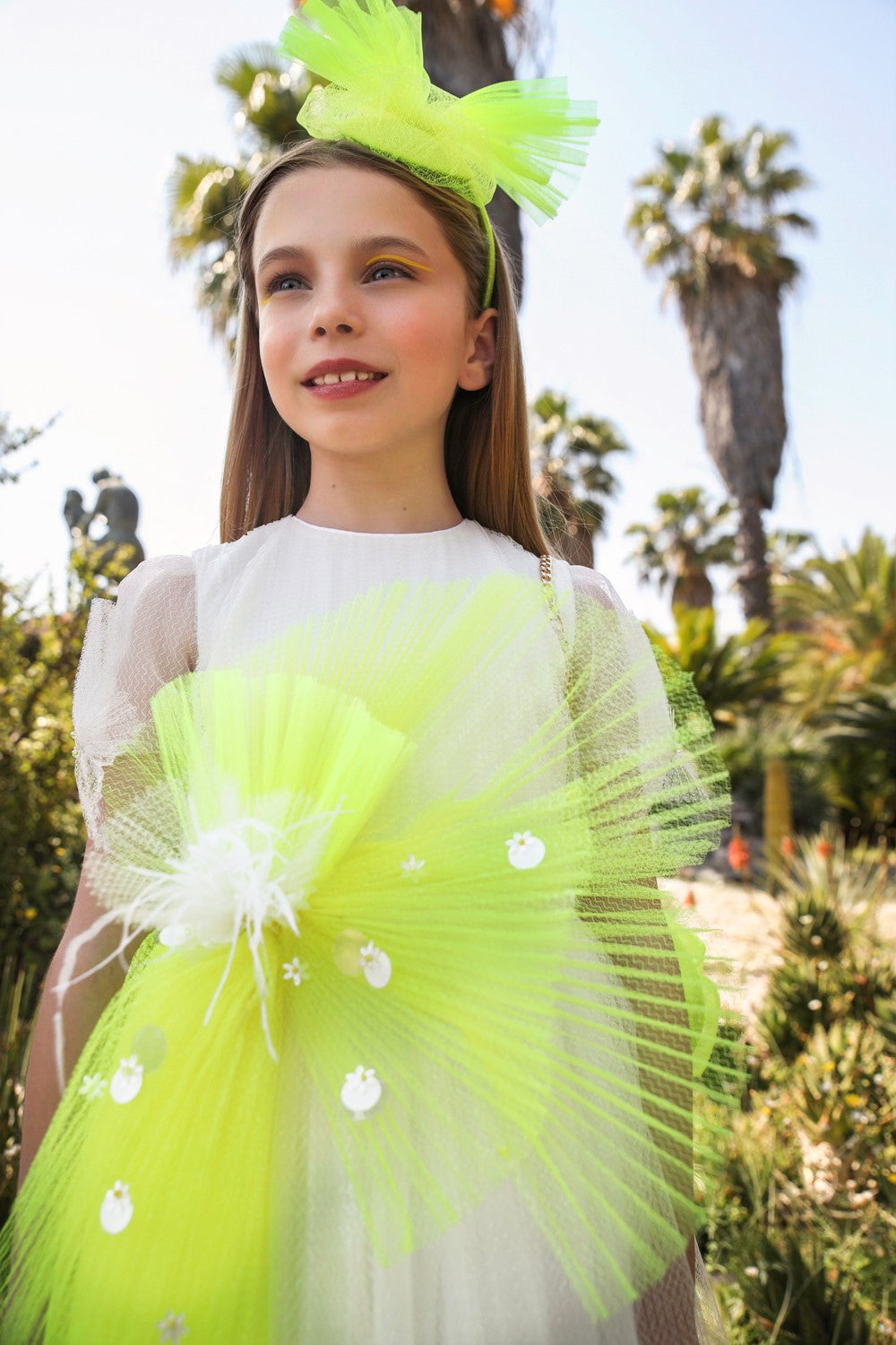 White and neon yellow dress with removable front detail with hand-embellishments