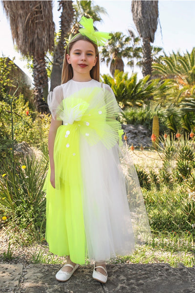 White and neon yellow dress with removable front detail with hand-embellishments