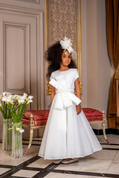 White jacquard organza dress with removable belt with bows hand-decorated with pearls and crystals and EIRENE waist embellishment