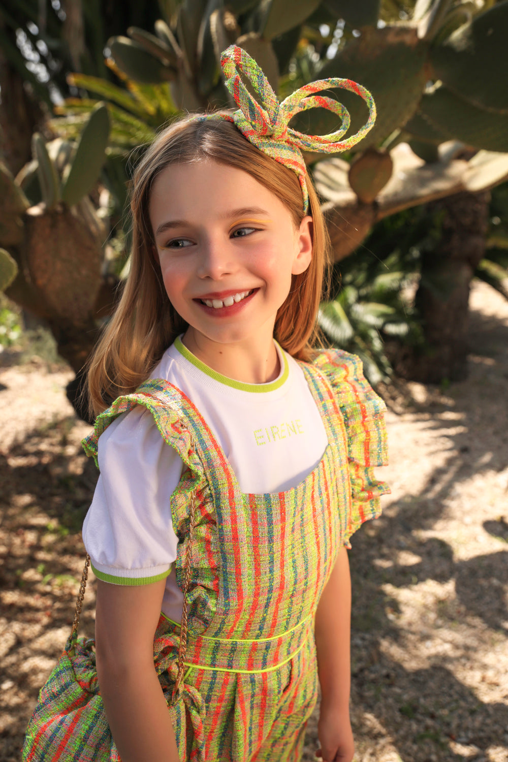 Green, yellow, fuchisa and neon tweed cotton blend dungarees with frills