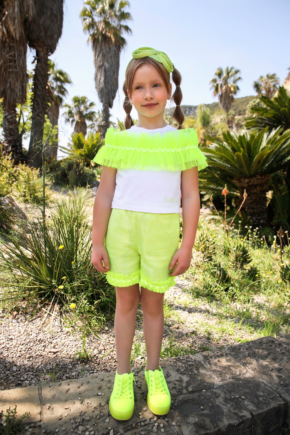 Yellow/green neon and light gold shorts with tulle frills