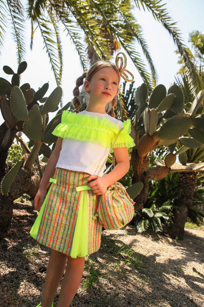 Green, yellow, fuchisa and neon tweed skirt with neon tulle and bows