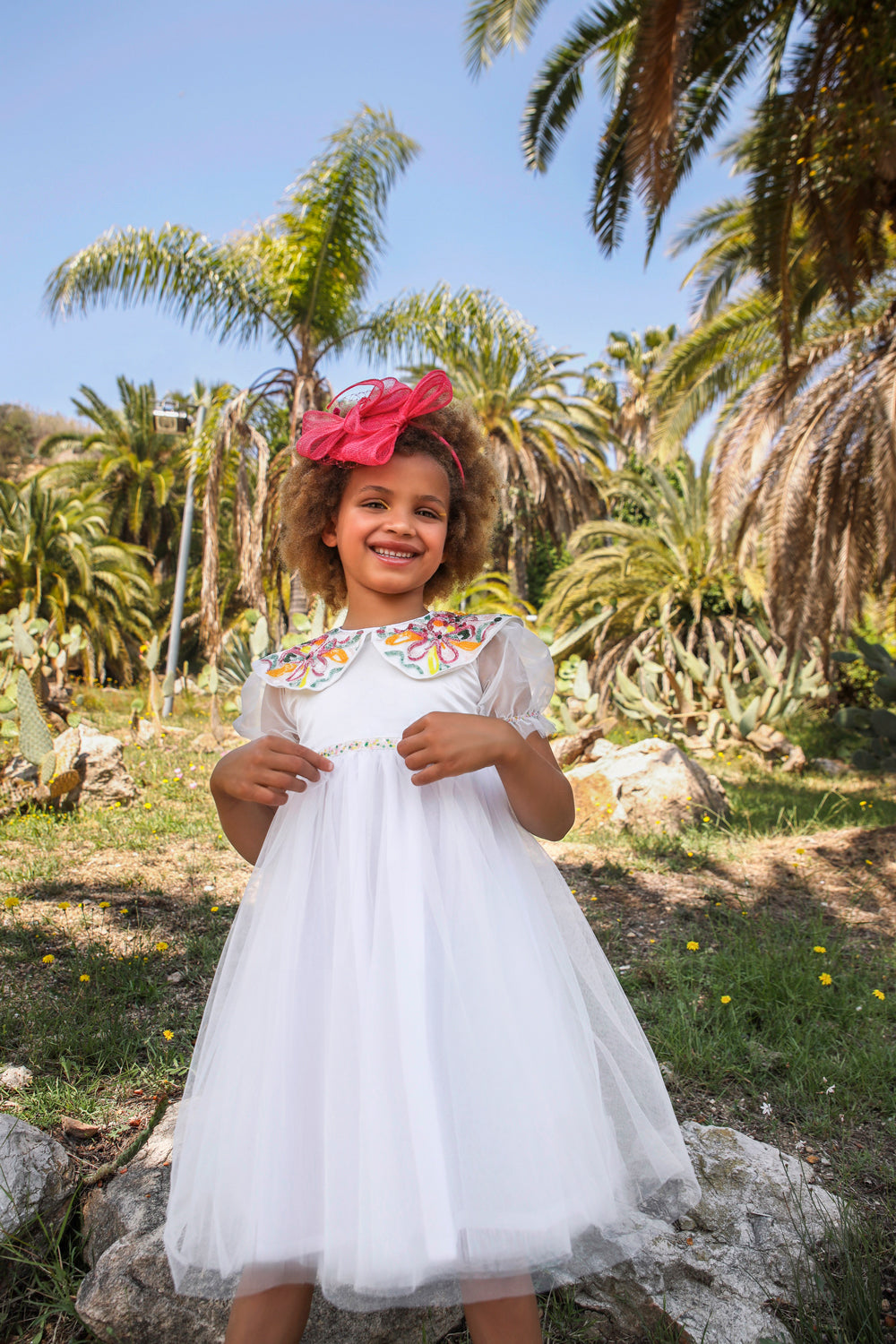 White tulle dress with hand-embellished collar and waistband