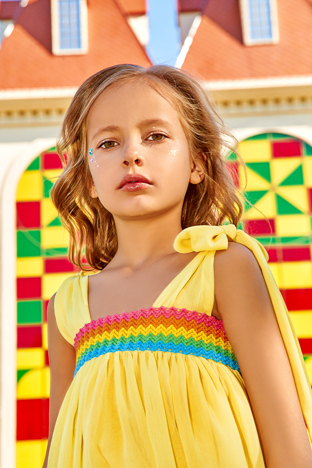 Yellow chiffon cotton dress with matching multicolor detail and shoulder bows