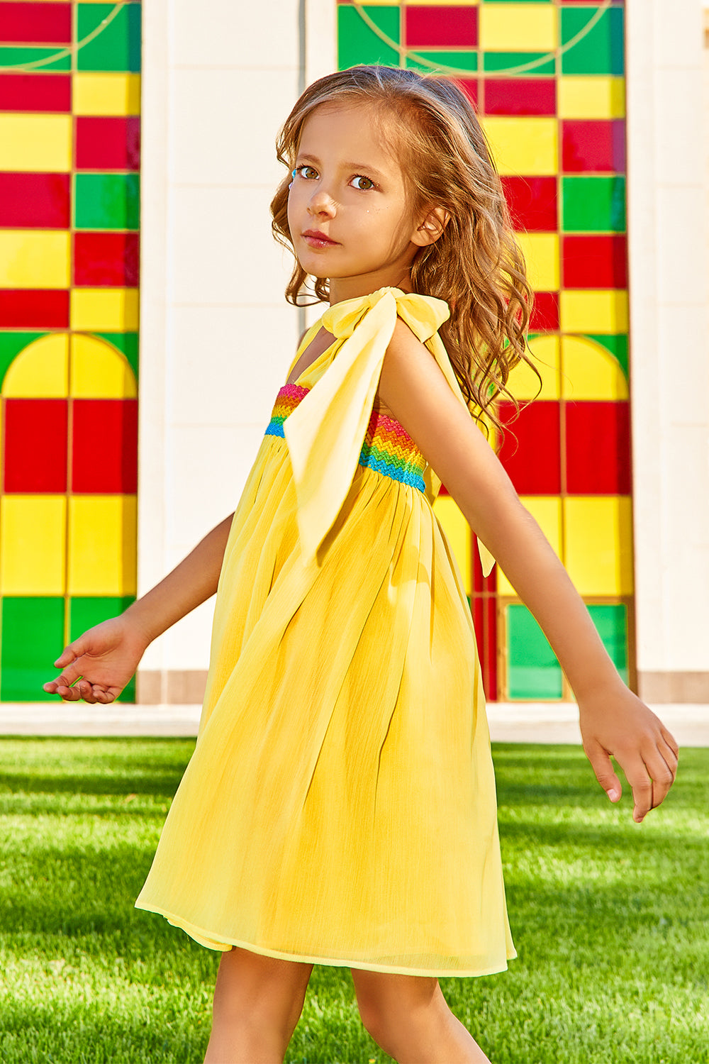 Yellow chiffon cotton dress with matching multicolor detail and shoulder bows