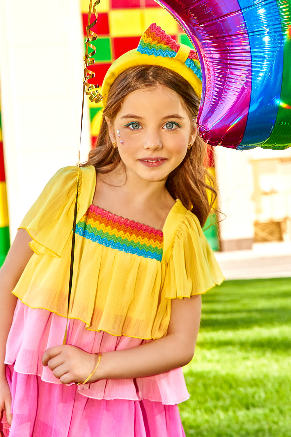 Yellow, pink and fuchisa chiffon tired frills dress with matching multicolor front detail