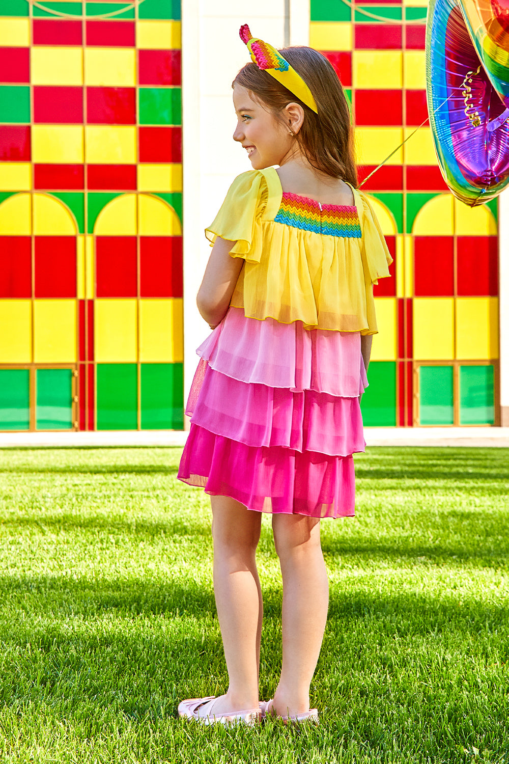 Yellow, pink and fuchisa chiffon tired frills dress with matching multicolor front detail