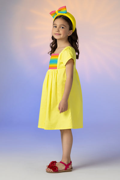 Yellow poplin cotton dress with matching multicolor detail
