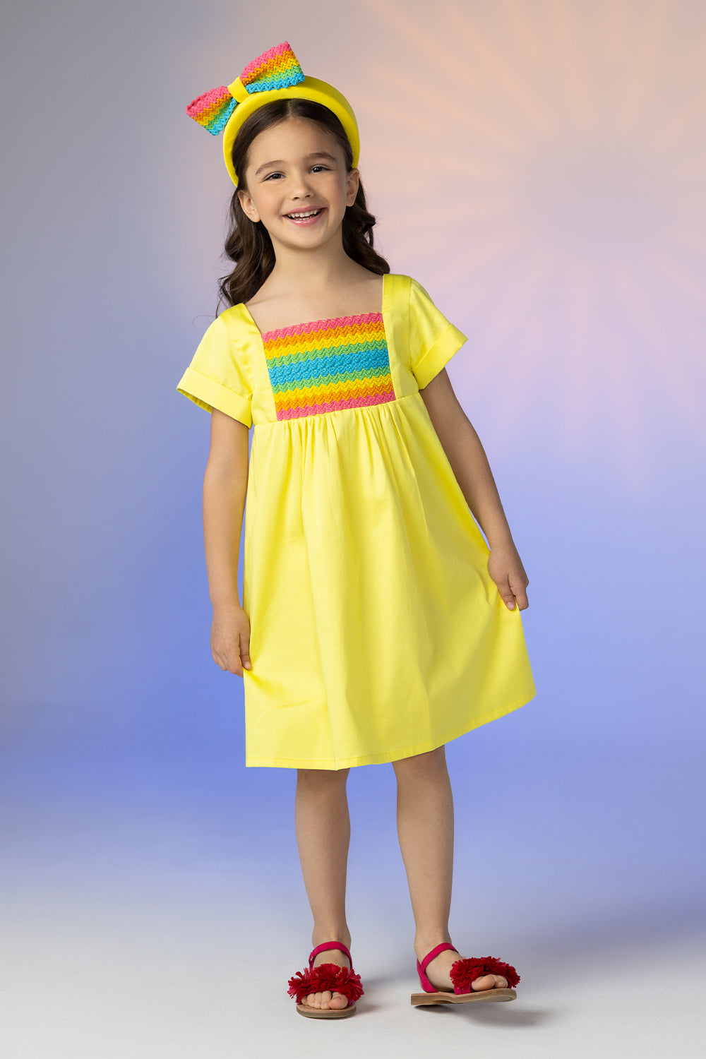 Yellow poplin cotton dress with matching multicolor detail