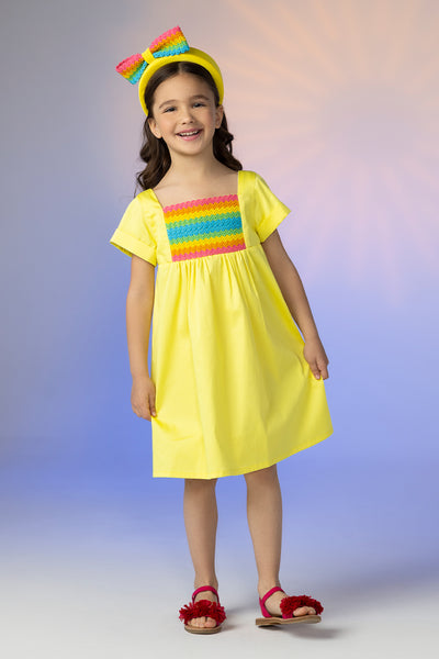 Yellow poplin cotton dress with matching multicolor detail