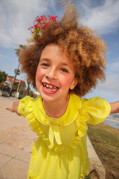 Yellow chiffon dress with pretty front detail, bow and collar