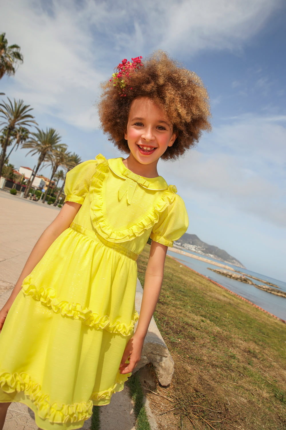 Yellow chiffon dress with pretty front detail, bow and collar