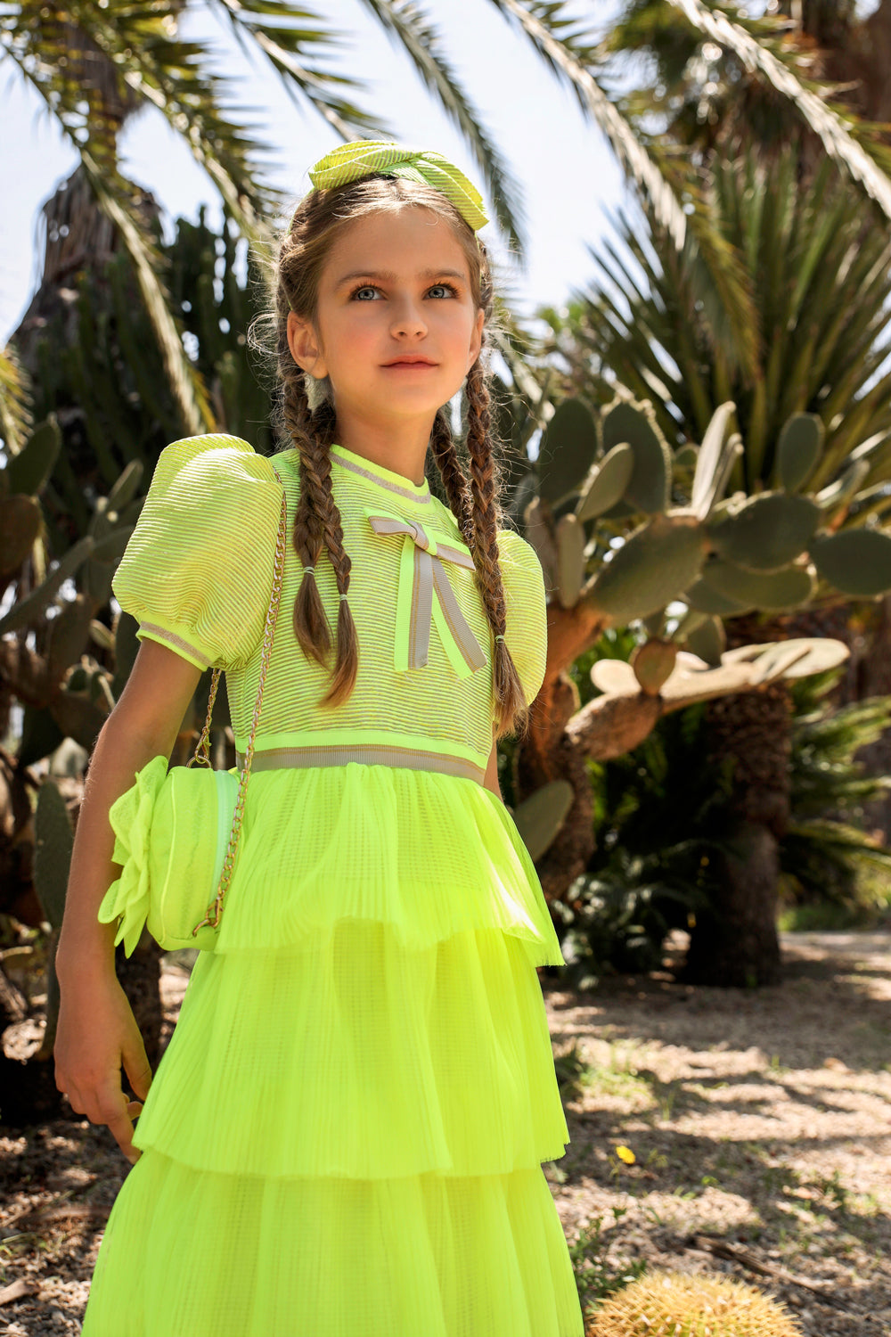 Yellow/green neon and light gold layered shimmering tulle dress with matching bow