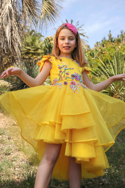 Yellow organza entirely hand-embellished with sequins, crystals and beads dress with bows