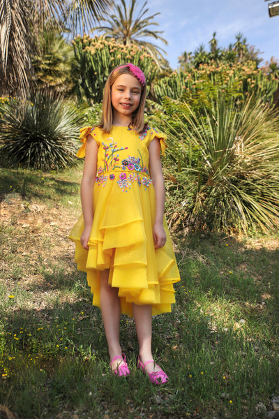 Yellow organza entirely hand-embellished with sequins, crystals and beads dress with bows