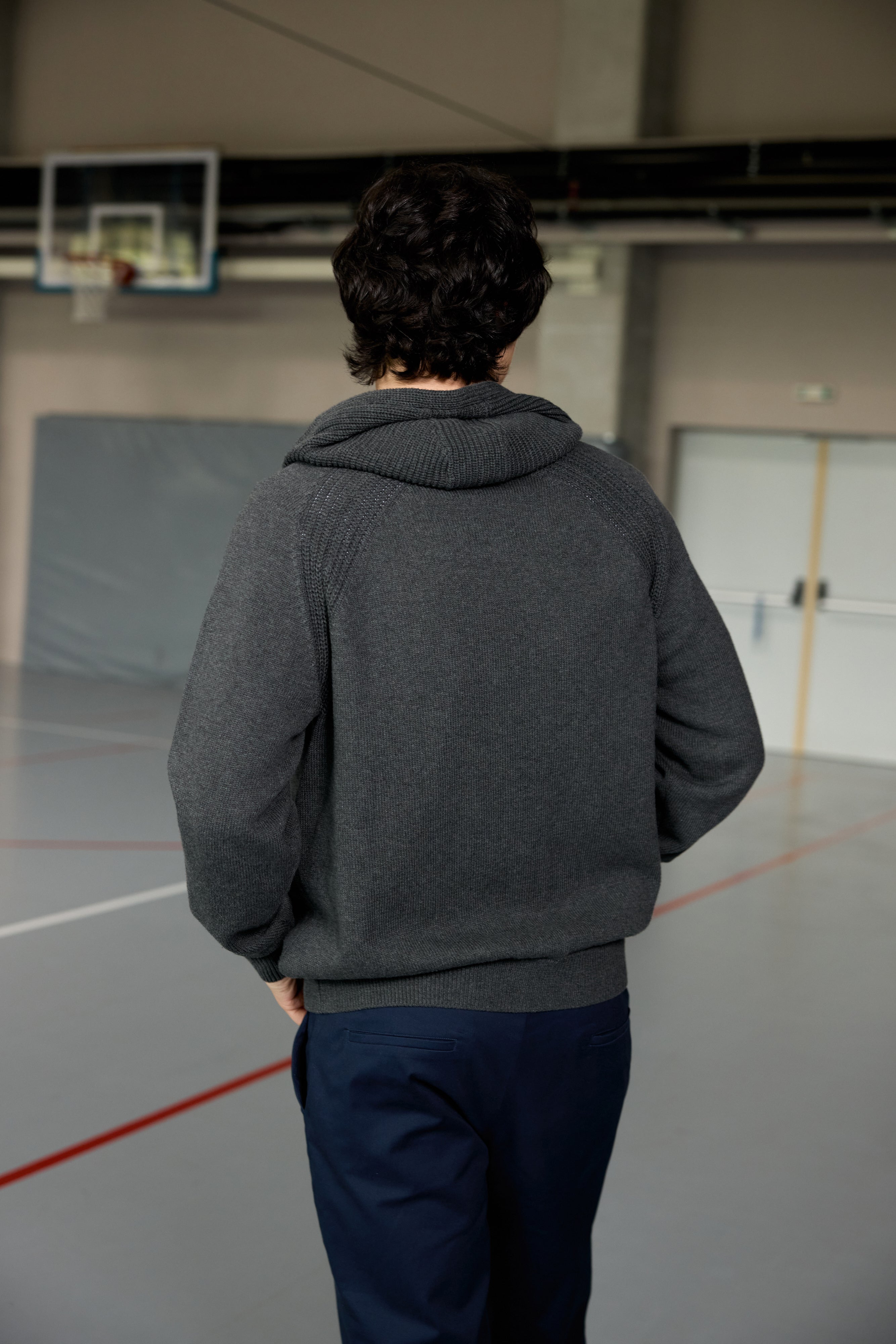 Grey zip-up hoodie for teen boys with ribbed texture