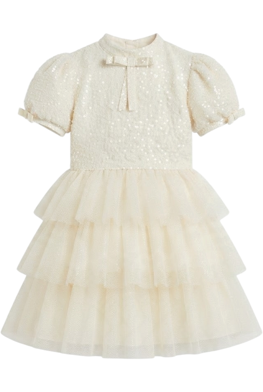 Ivory sequin and tulle glittery dress with bows - product view