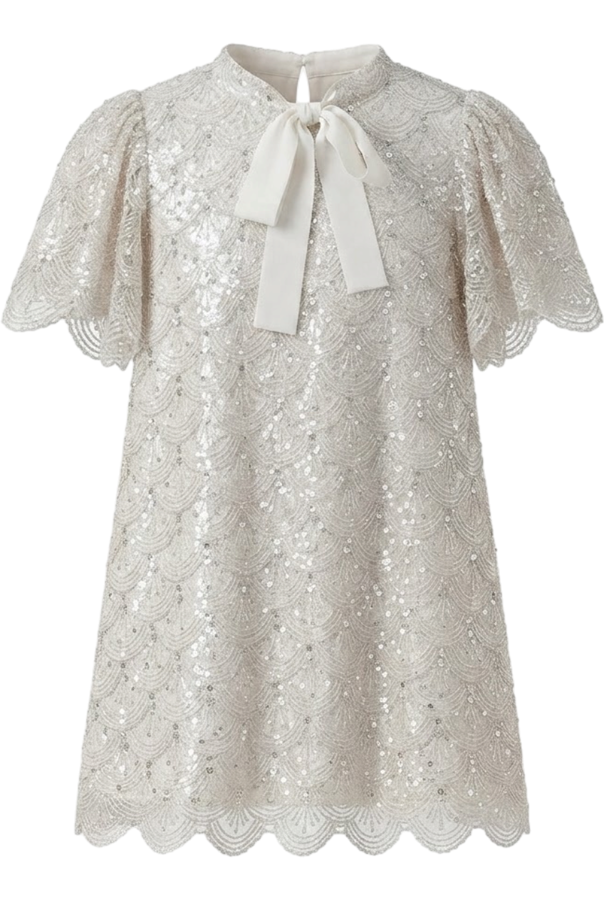 White sequins and beads lace dress with pussy bow - product view