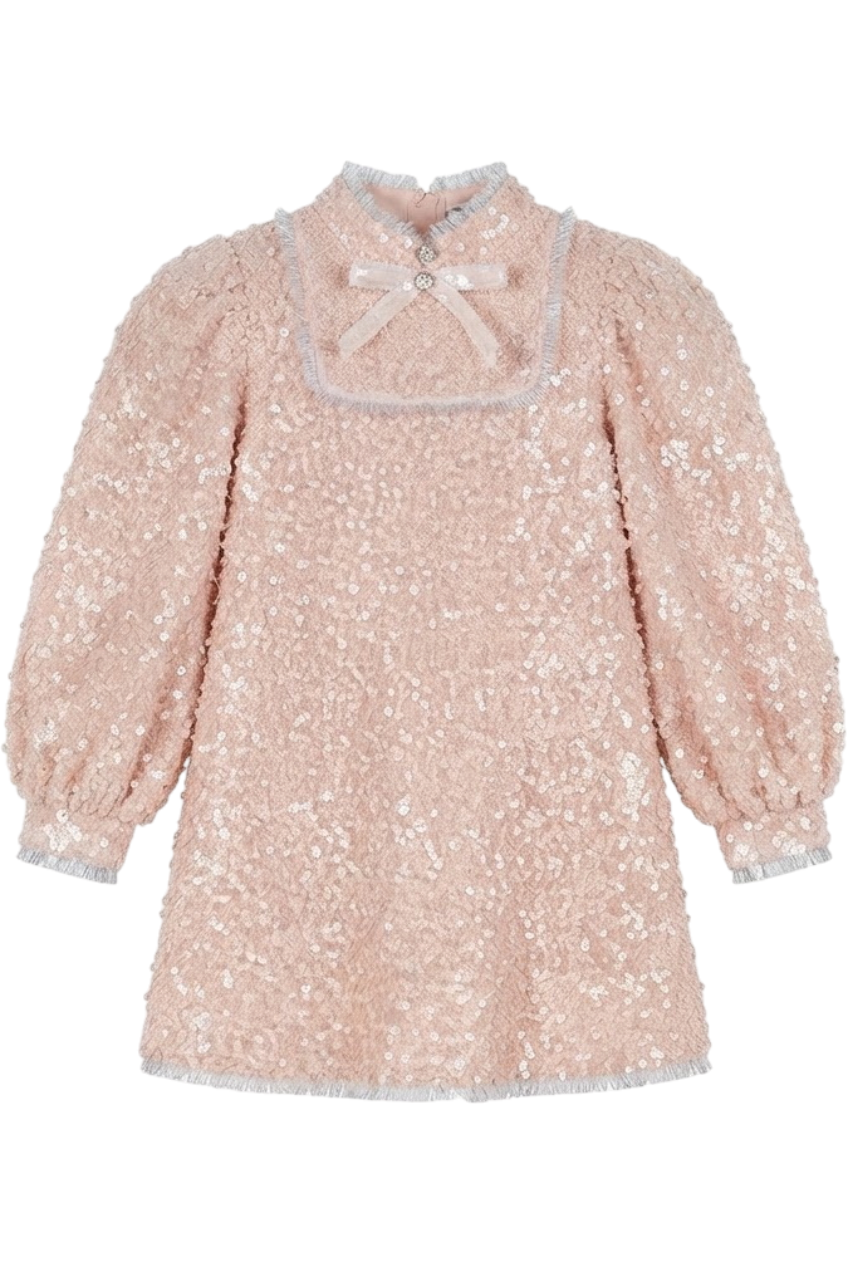 Powder pink sequin glittery dress with bow and fringes - product view