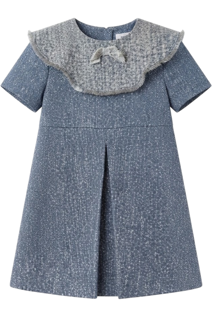 Denim and silver dress with pretty collar and bow - product view