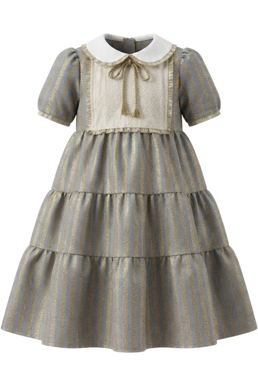 Denim and gold striped dress with white collar and gold details - product view