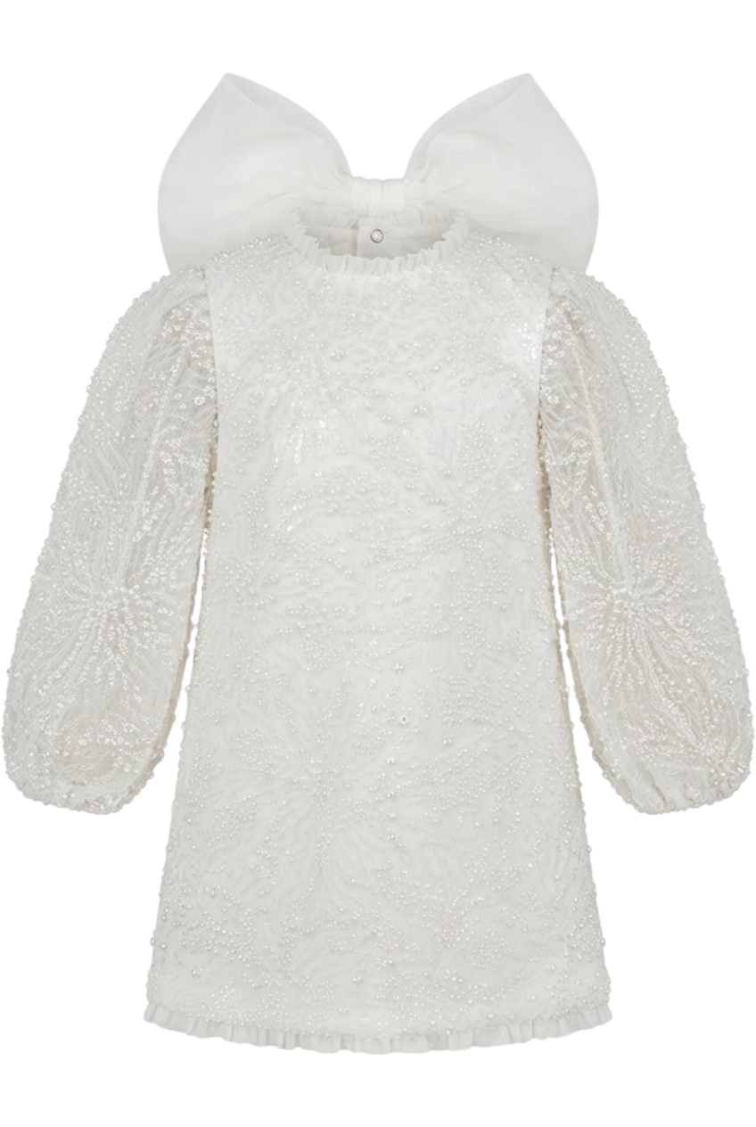 White pearl lace dress with big chiffon bow at the back - product view