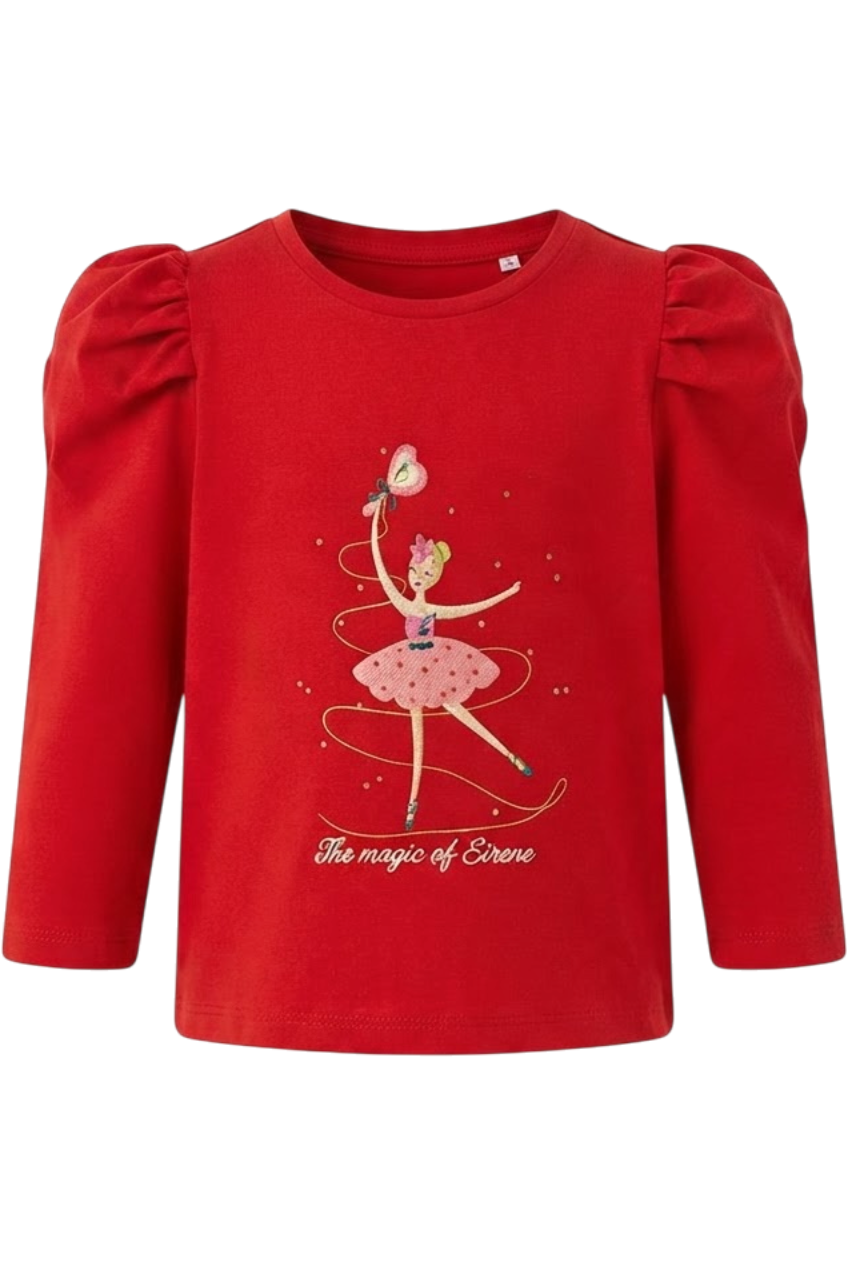 Red Christmas hand-embellished t-shirt with puffed sleeves - product view