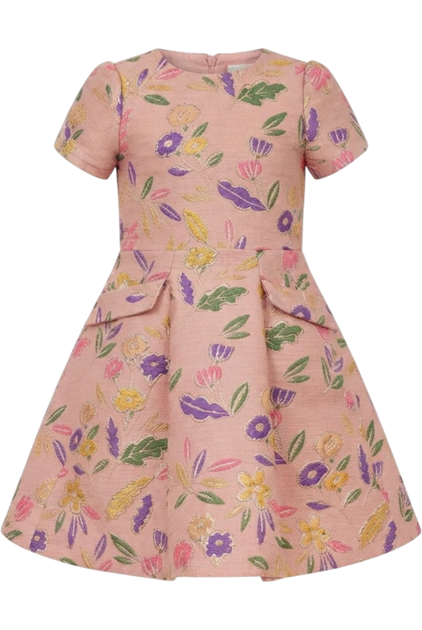 Pink foral jacquard dress with full skirt and pockets - product view