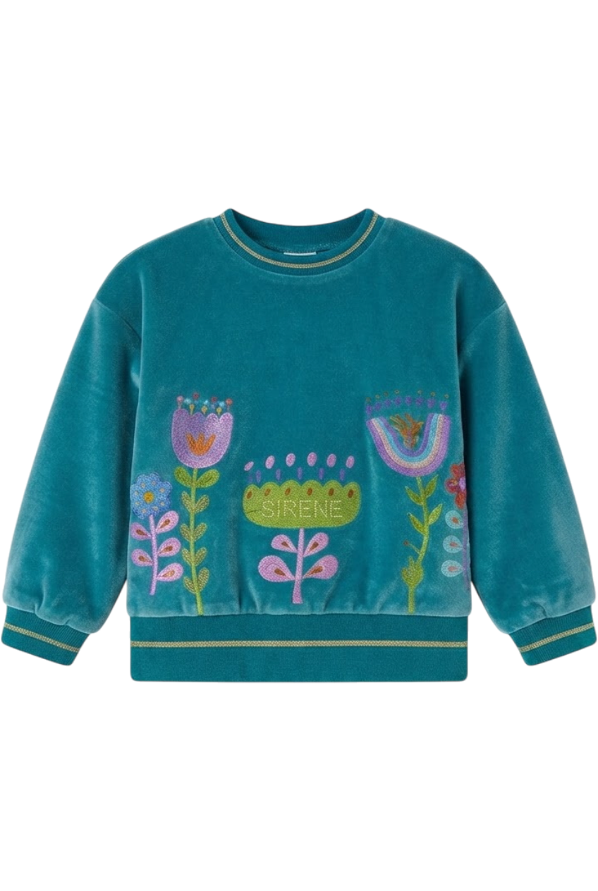 Turquoise cotton velvet sweatshirt with floral print - product view
