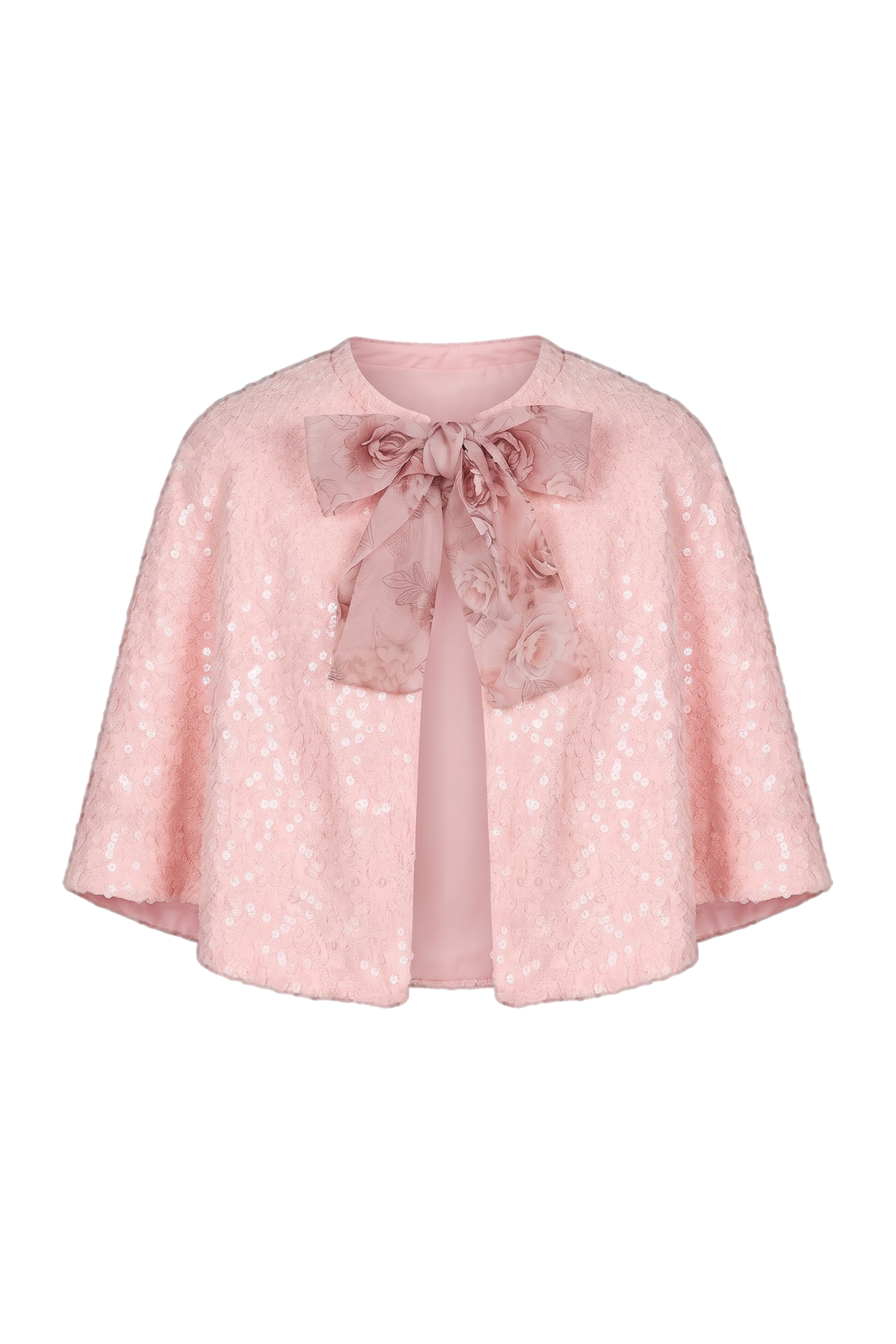 Pink glittery sequins cape with printed floral bow - product view