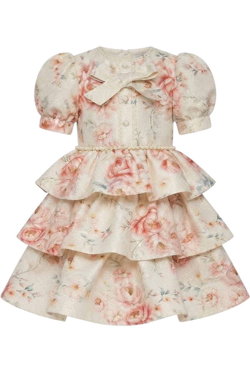 Ivory gold floral dress with frills and bow - product view