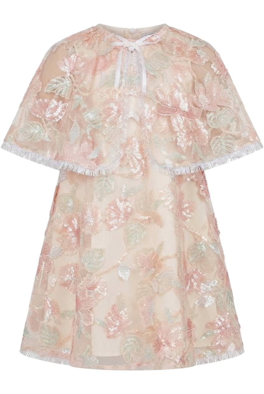 Pink, ivory and mint sequin floral cape dress with fringes - product view