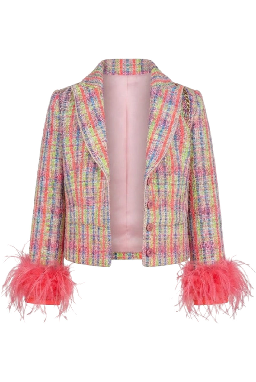 Pink, blue, green neon tweed cotton blend blazer with removable feather cuffs - product view