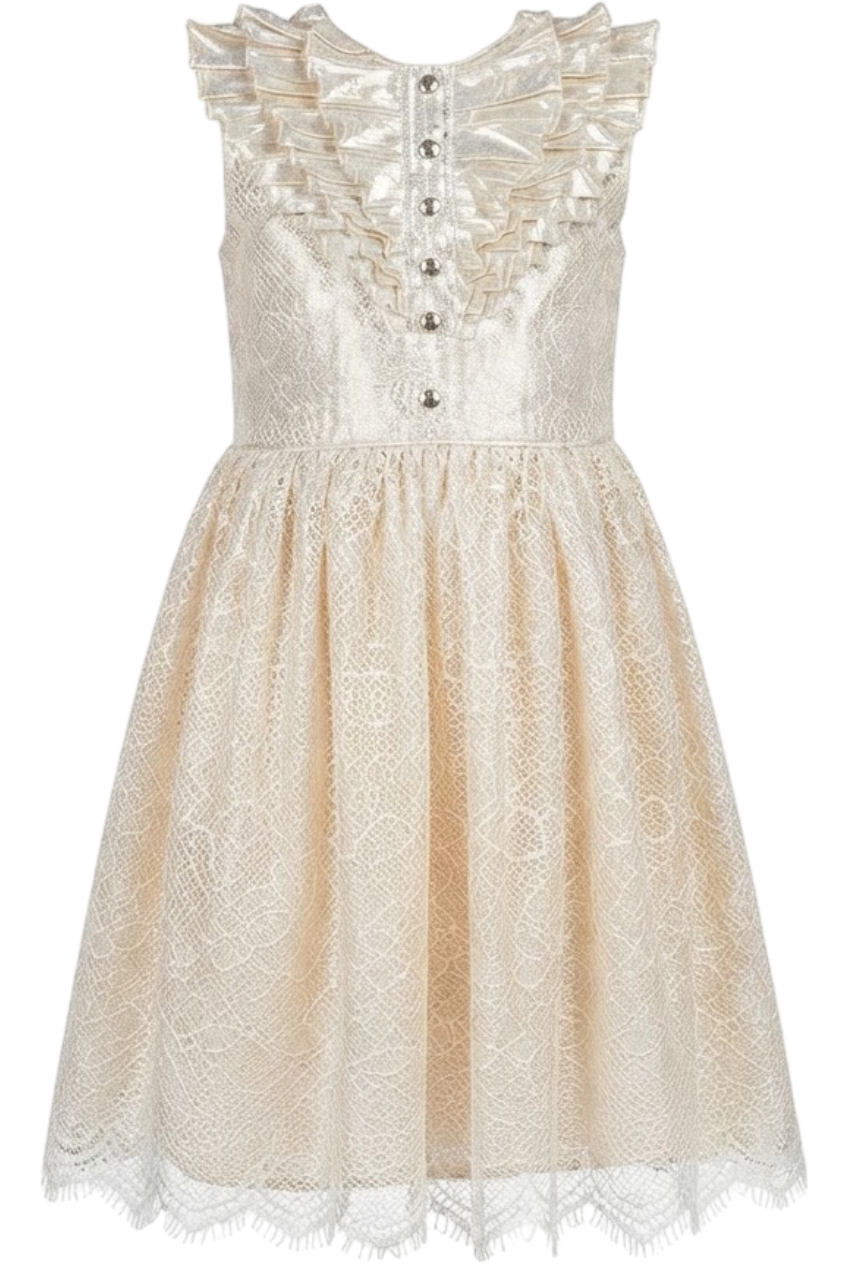 Ecru shiny lace dress with ruffles - product view