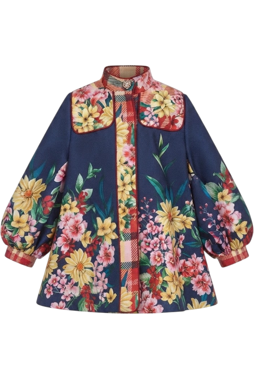 Blue floral printed flared cape with a jewel button - product view