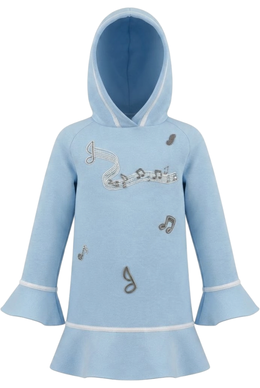 Sky blue tunic with a hood and musical embroidery - product view
