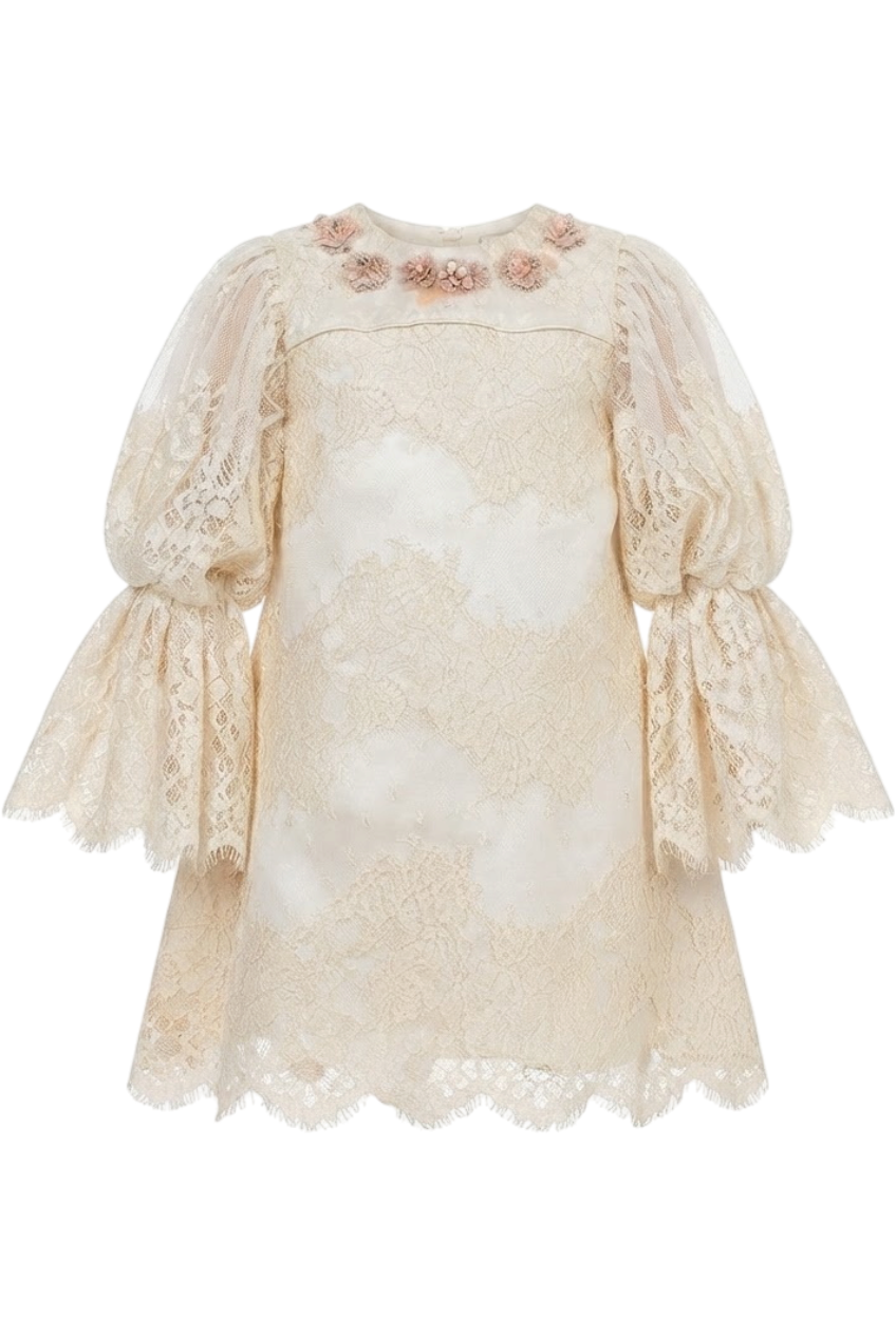 Ecru lace dress with long sleeves and handmade embellishments - product view