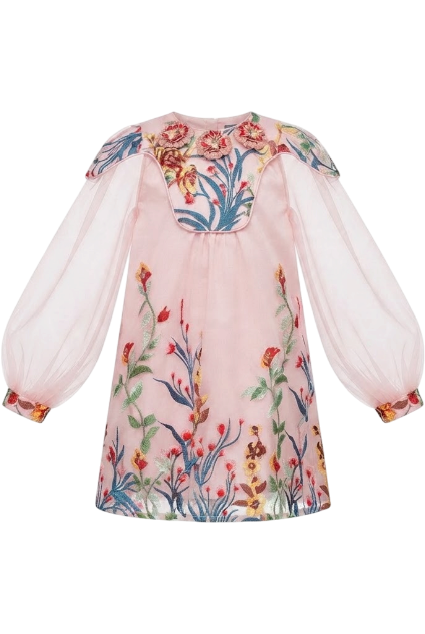 Light pink embroidered floral lace dress with long tulle sleeves - product view