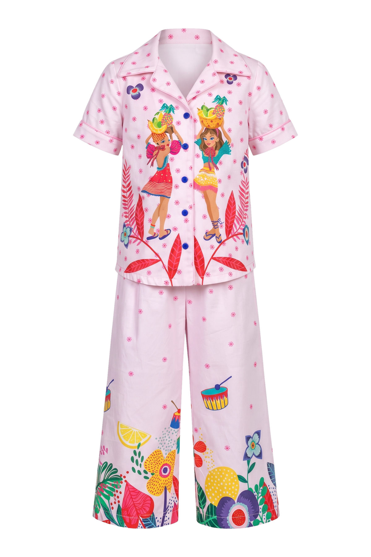 Light pink cotton Rio set with girls, small all over flowers and hand-embellishments - product view